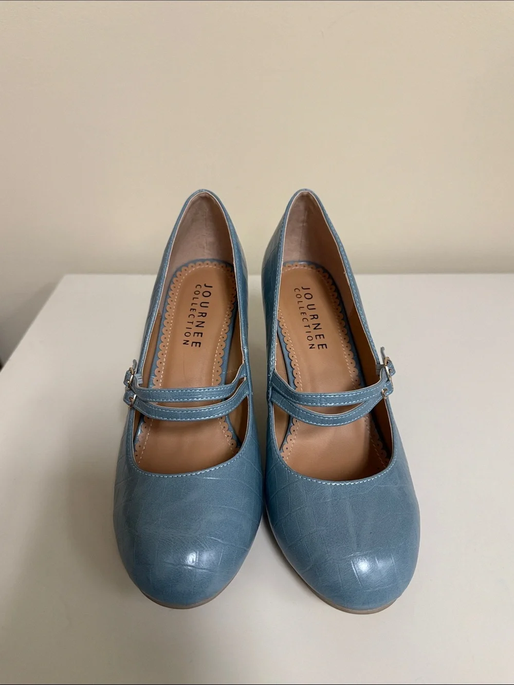 Journee Collection Blue Croc-Embossed Mary Jane Heels